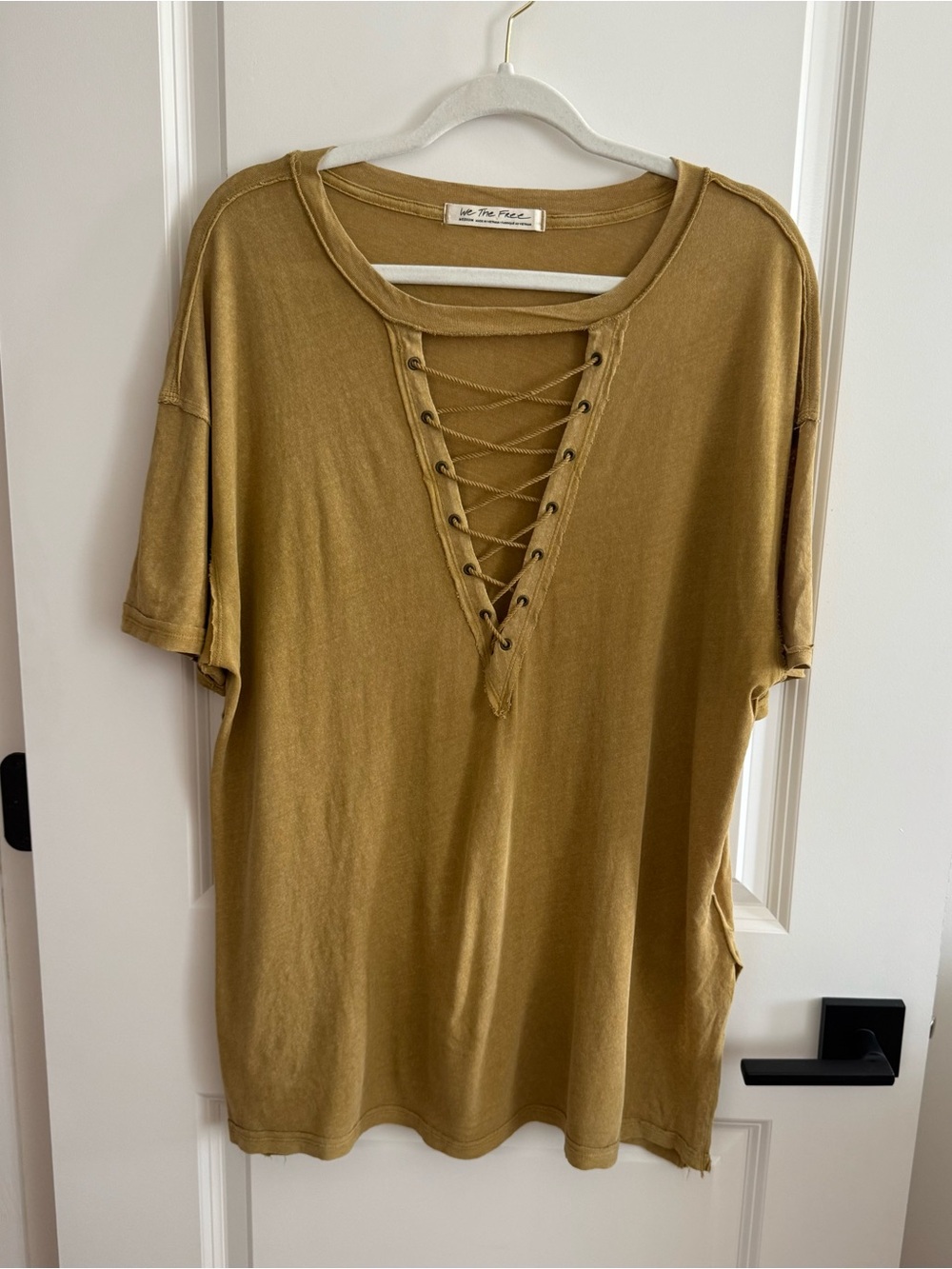 Free People We The Free Lace-Up V-Neck Short Sleeve Top in Mustard